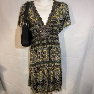 Y2K Boho Paisley Beaded Empire Waist Midi Dress Small Made in USA